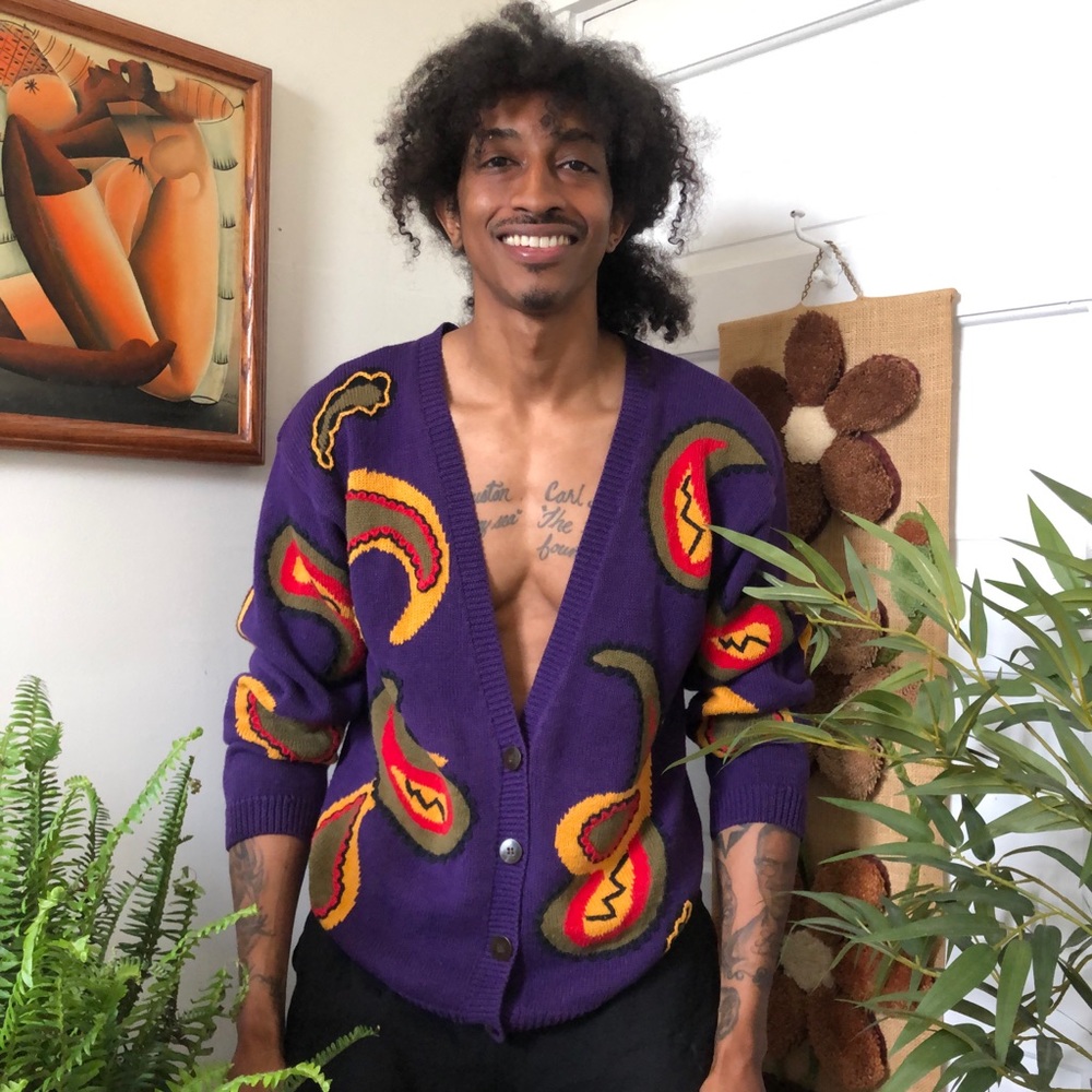 Rare 90s vintage cardigan with abstract art design